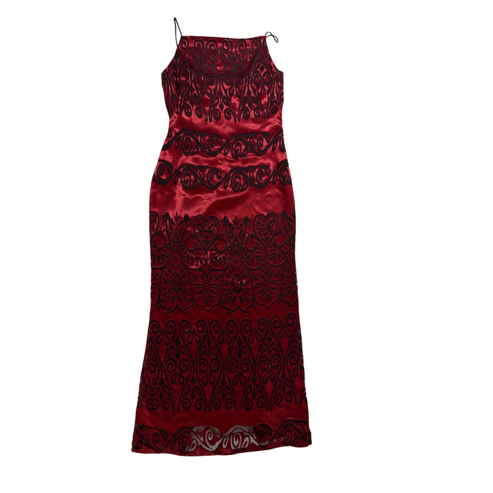 Vintage 90s Georgiou Studio Red Black Velvet Burnout Gown Maxi Dress Size 4
